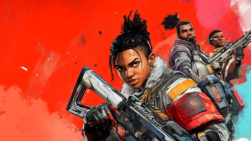 Three armed characters stand against saturated red backdrop