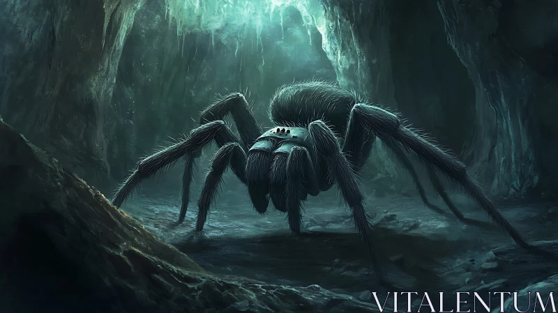 Gigantic cave spider stalks damp cavern floor under glow.