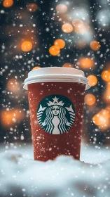 Snow-dusted red takeaway coffee cup with festive bokeh lights