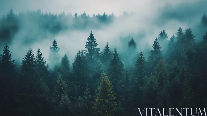 Misty Coniferous Forest in Layered Fog.