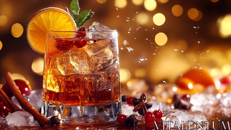 Amber-Toned Beverage in Crystal Glassware with Crystalline Ice and Citrus Garnish