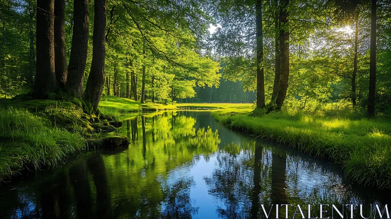 Serene forest stream with lush green trees in morning sunlight.