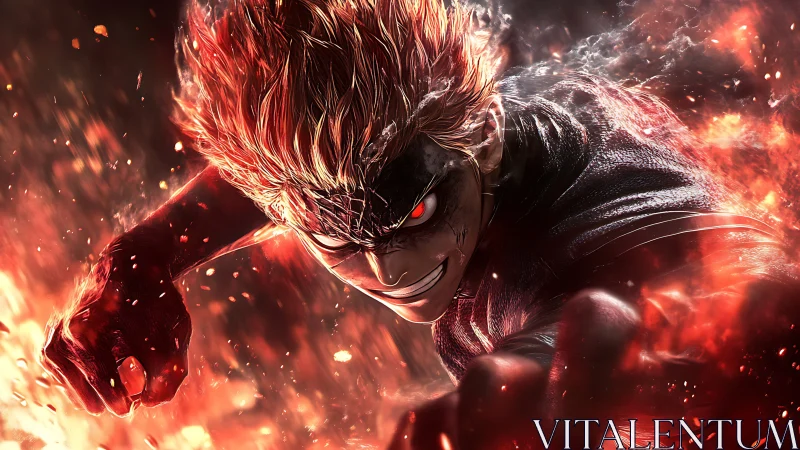 Fiery anime warrior charges forward through blazing chaos