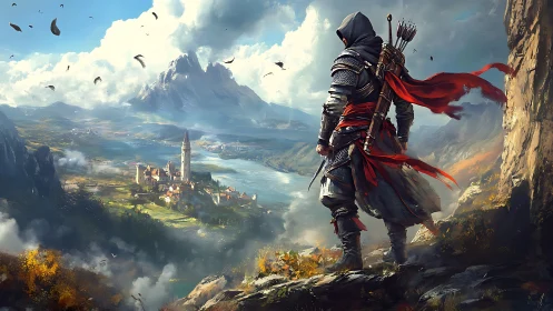 Hooded ranger overlooking valley fortress from cliff edge.