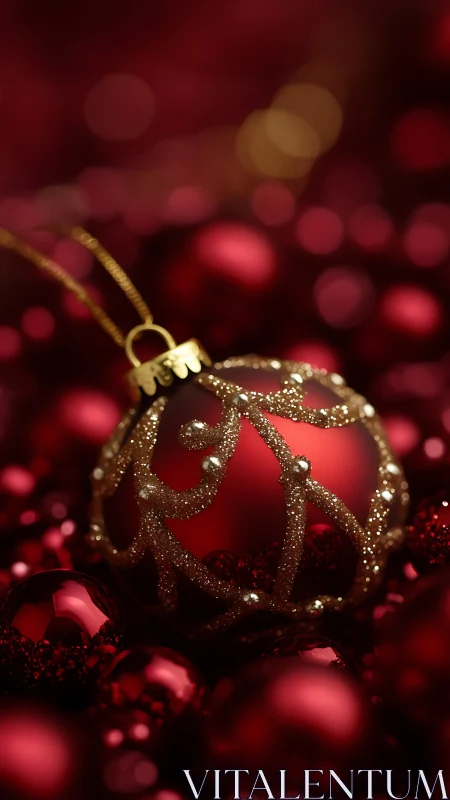 Crimson glass ornament with gold glitter filigree focus.