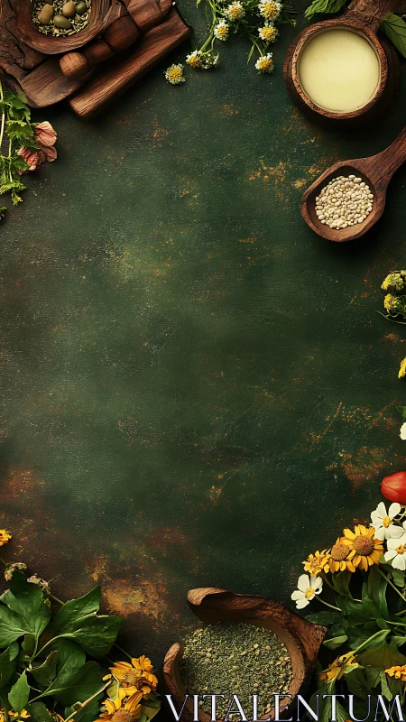 Rustic herbal culinary flat lay frames textured green board