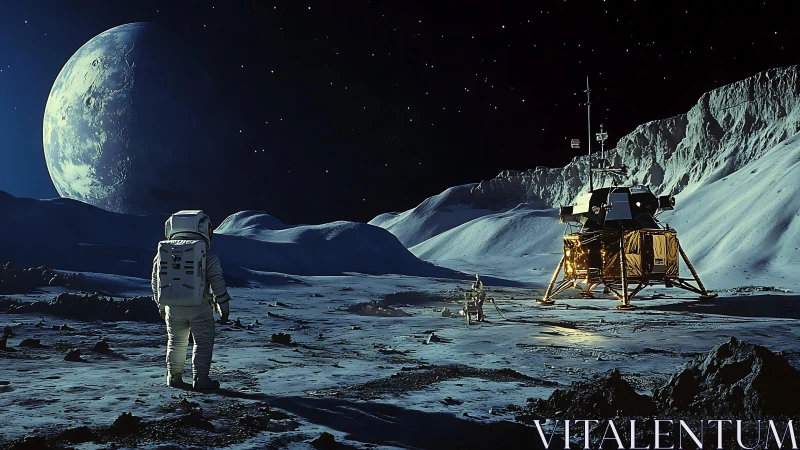 Lunar astronaut and lander under Earthlit crater ridges.