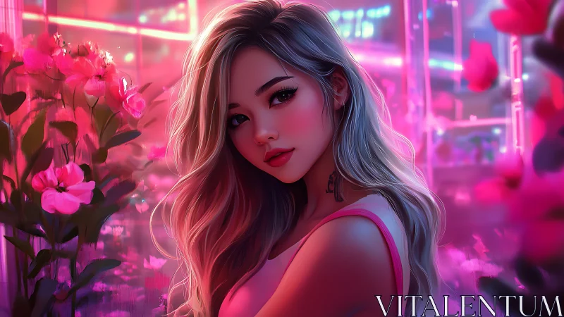 Neon lit girl portrait in pink flower filled city garden.