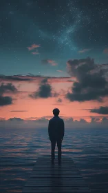 Solitary figure contemplates a starry seascape at dusk.
