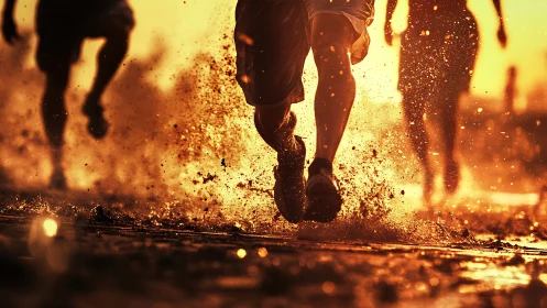Sunlit runners sprint through water and flying mud.