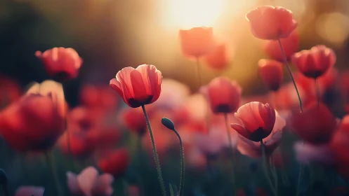 Red Poppies Backlit in Golden Sunlight Field
