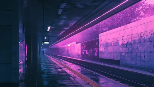 Neon-drenched empty platform under magenta tunnel glow.