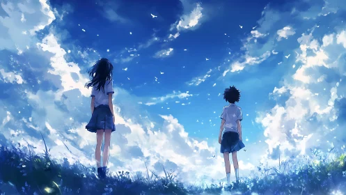 Two students gaze at a vast summer sky of clouds and light