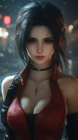 Neon rain heroine with ember eyes in midnight crossroads.