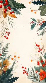 Festive winter foliage frame with bright berries and holly.