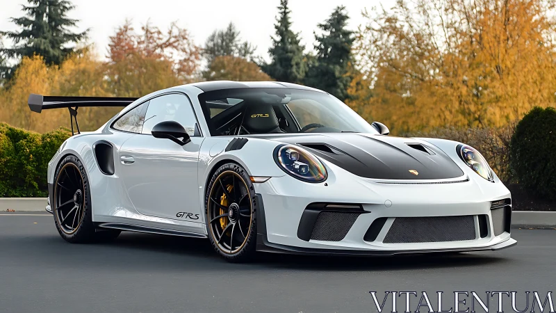 White Porsche 911 GT3 RS parked on smooth asphalt surface.