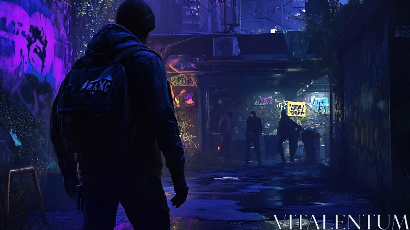 Hooded figure approaches neon graffiti alley at nightfall.