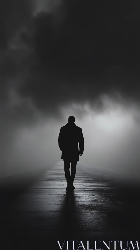Lone figure walks into heavy fog beneath looming storm clouds.