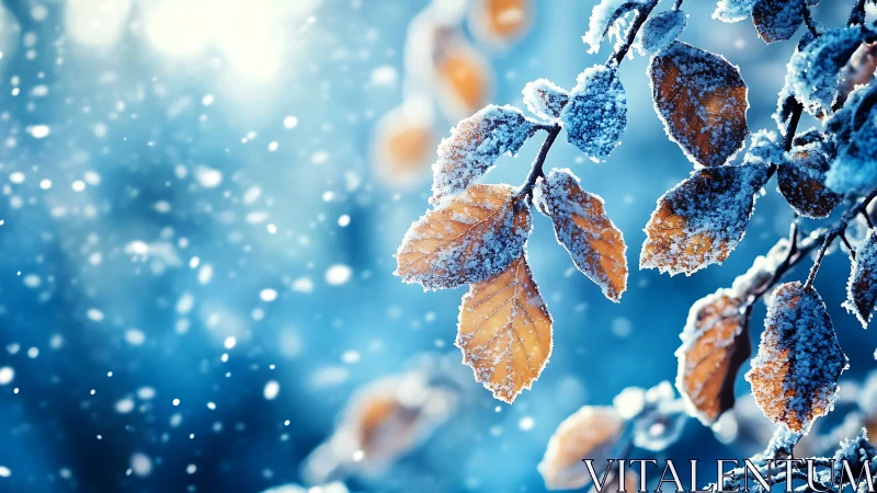 Frosted autumn leaves glowing against soft winter bokeh.