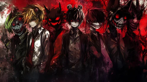 Sinister anime silhouettes emerge through crimson chaos.