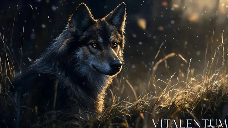 Low-key lit wolf portrait with rim lighting in dusk meadow