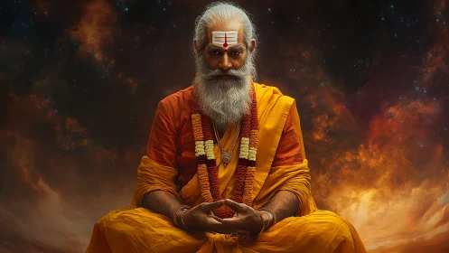 Meditating Hindu sage in saffron robes amid cosmic sky.