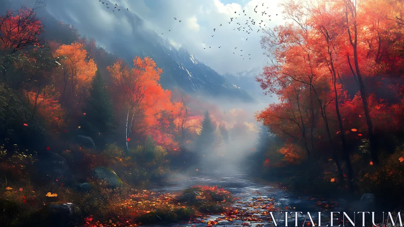 Autumn river glows beneath misty mountains at sunrise.