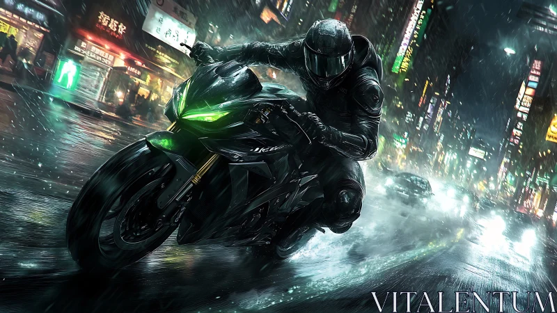 Cyberpunk rain pursuit with neon-lit sport motorcycle focus.