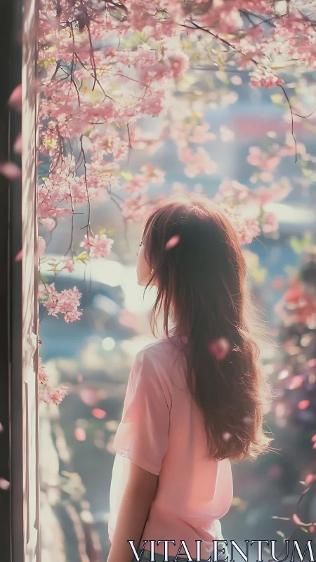 Girl beneath cherry blossoms in soft spring backlight.