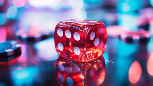 Glossy red casino dice glowing in neon night hues.