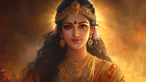 Divine Indian goddess portrait in golden ethereal light.