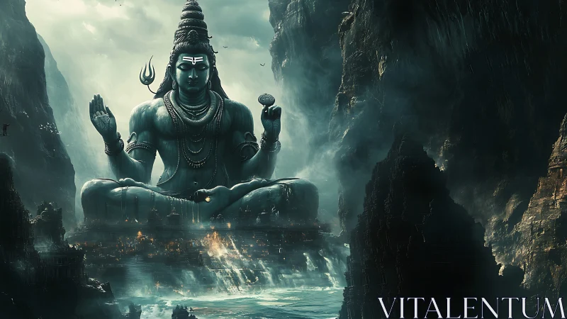 Colossal Shiva deity amid storm-lashed canyon megastructure.