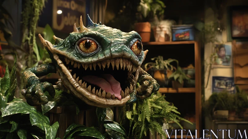 Animatronic reptilian plant monster with fanged jaw in shop