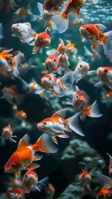 Goldfish school swims densely in clear illuminated water