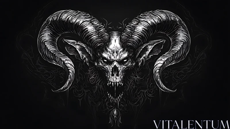 Demonic horned skull illustration with fierce monochrome contrast.