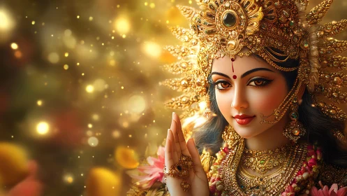 Divine goddess portrait glows with intricate golden regalia.