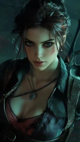 Battle-scarred warrior woman stares ahead with fierce resolve.