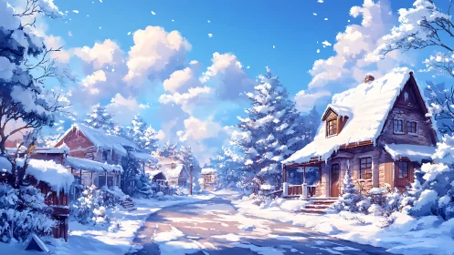 Snowy village lane under bright winter morning sky.