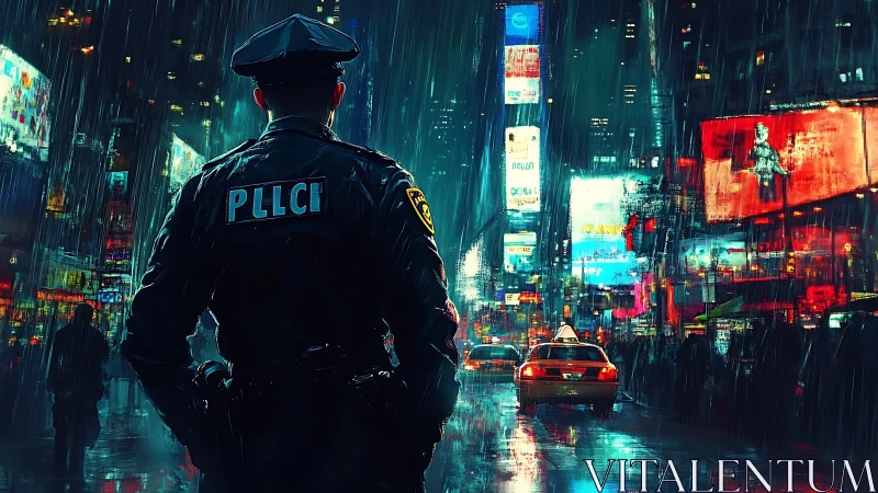 Police officer stands in rainy neon city street at night.