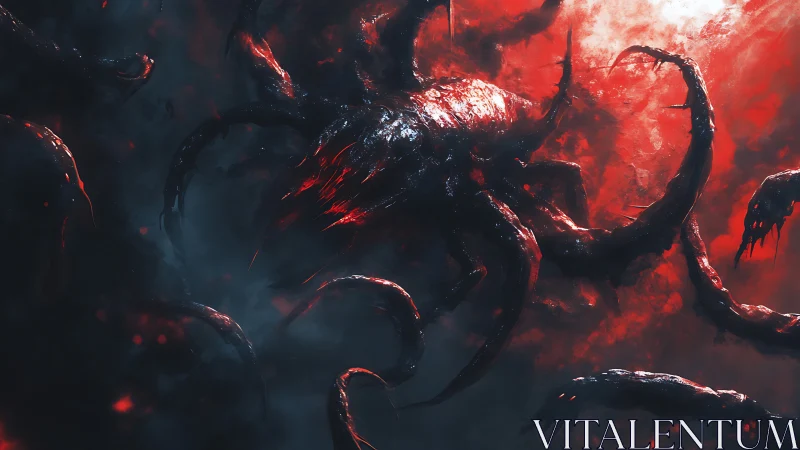 Alien tentacled hive pulses within infernal red nebula field