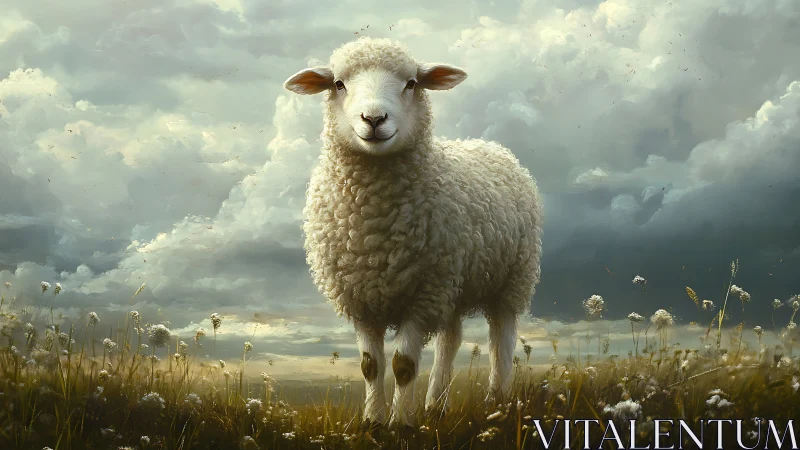 Gentle sheep stands peacefully under soft stormy skies