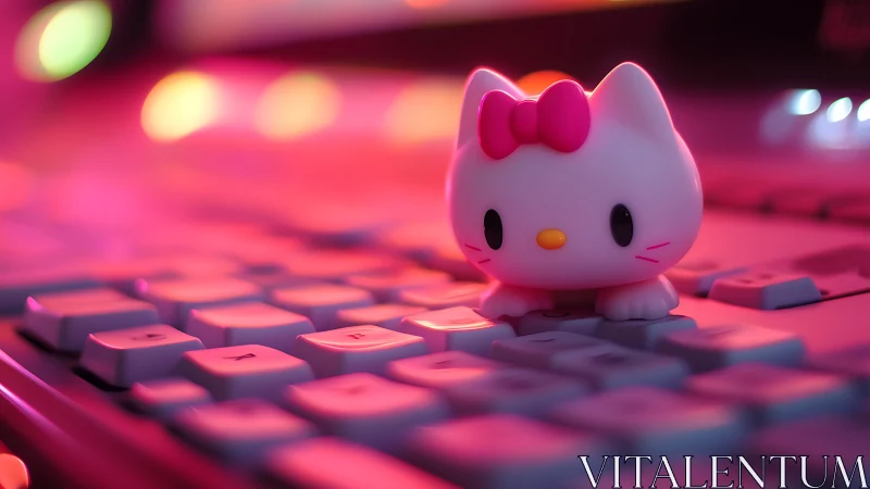 Cute cat figurine on keyboard under pink neon lights.