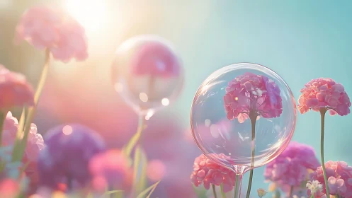 Dreamy pastel blossoms float gently inside glowing bubbles