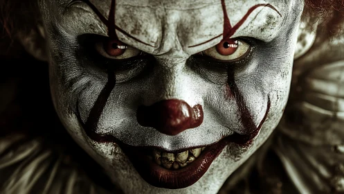 Sinister clown portrait with cracked greasepaint glare.