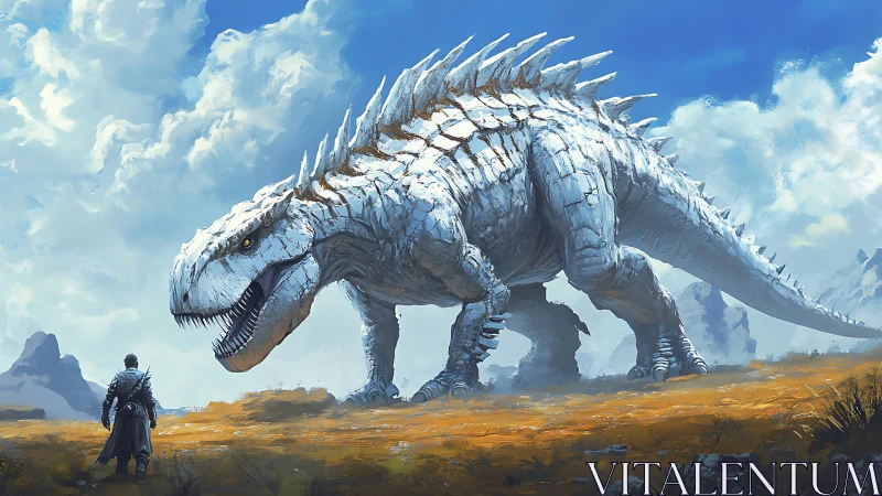 Armored white dinosaur confronting lone human figure.