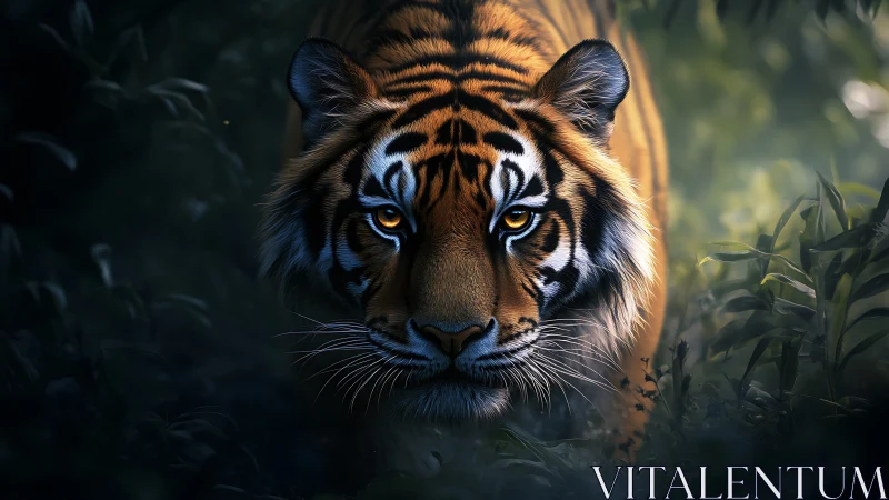 Tiger stalks through shadowed jungle with piercing gaze.