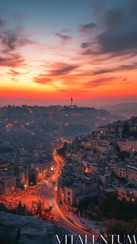 Twilight urban valley with winding arterial road and skyline haze
