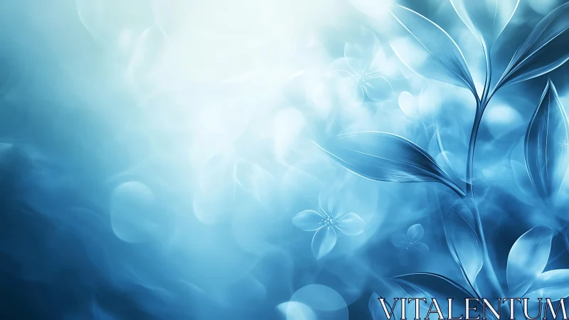 Ethereal blue leaves glow within luminous misty light.