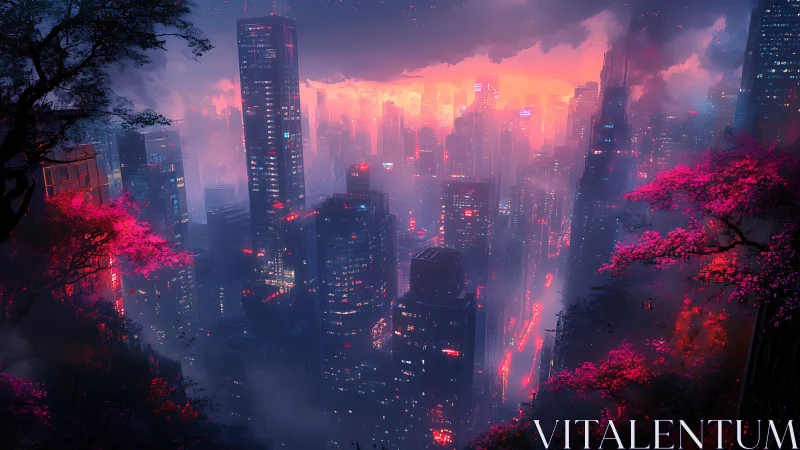 Neon drenched megacity skyline intersecting mist and pink foliage