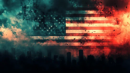 Distressed US flag engulfs dark city skyline in burning clouds